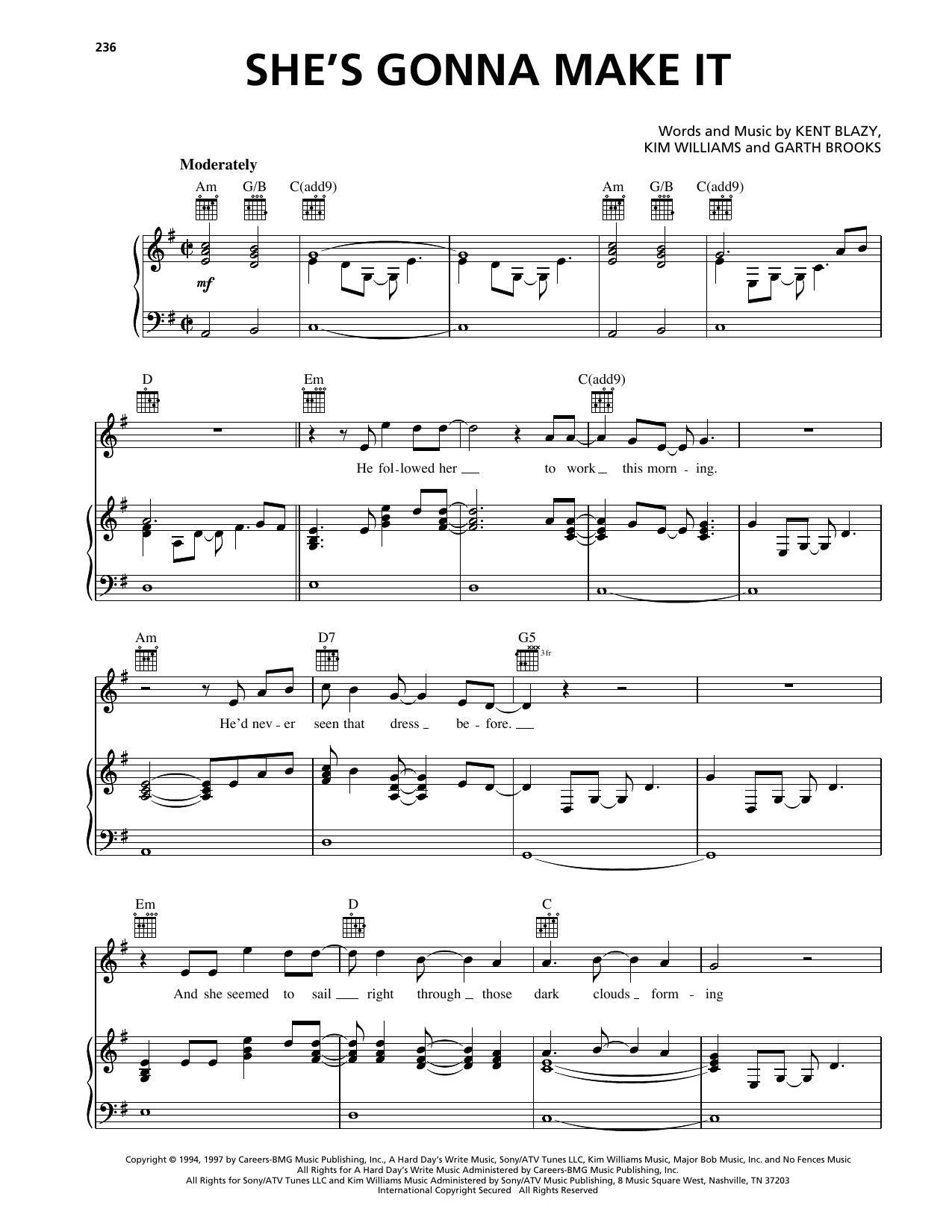 Garth Brooks She's Gonna Make It sheet music notes and chords arranged for Piano, Vocal & Guitar Chords (Right-Hand Melody)