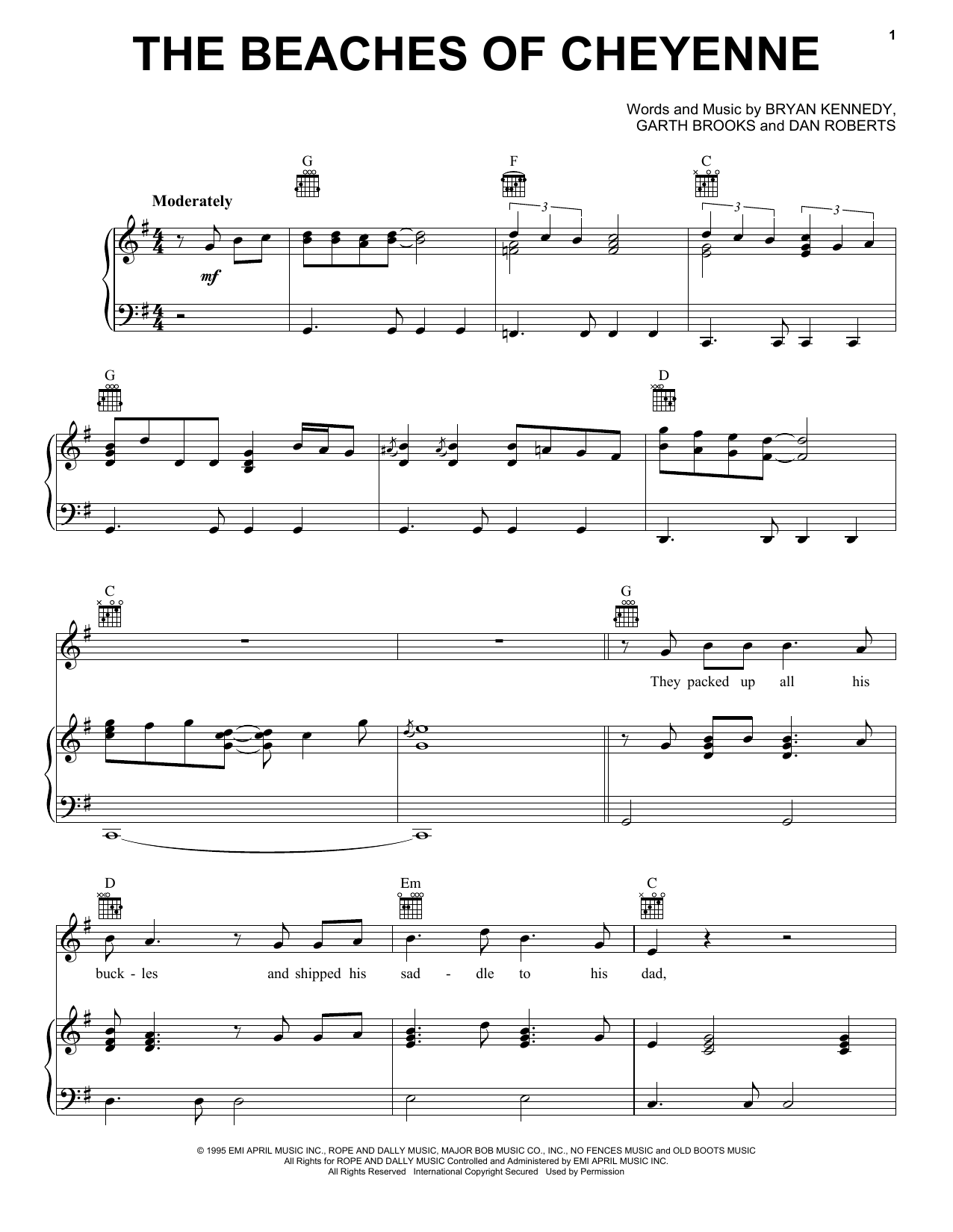 Garth Brooks The Beaches Of Cheyenne sheet music notes and chords arranged for Piano, Vocal & Guitar Chords (Right-Hand Melody)