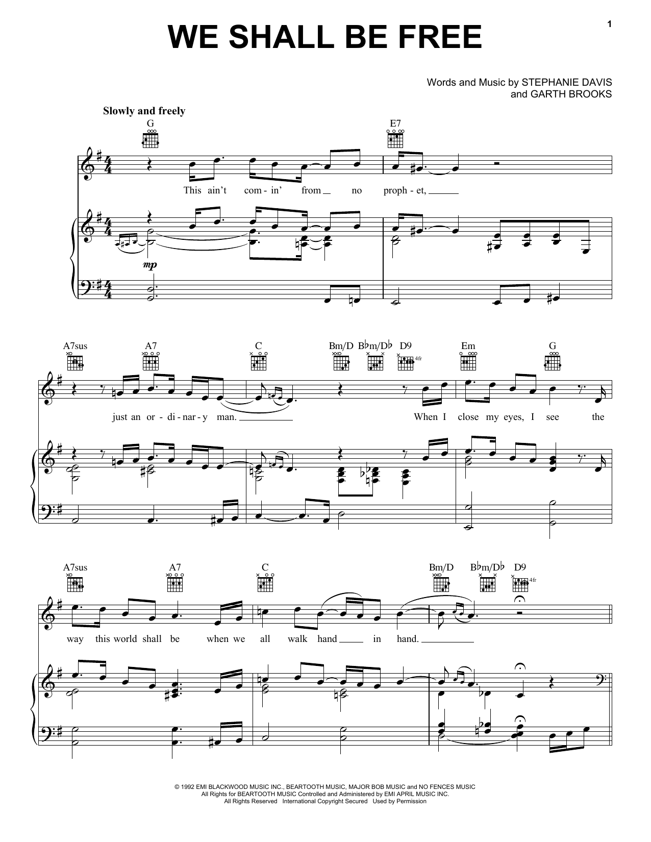 Garth Brooks We Shall Be Free sheet music notes and chords arranged for Piano, Vocal & Guitar Chords (Right-Hand Melody)