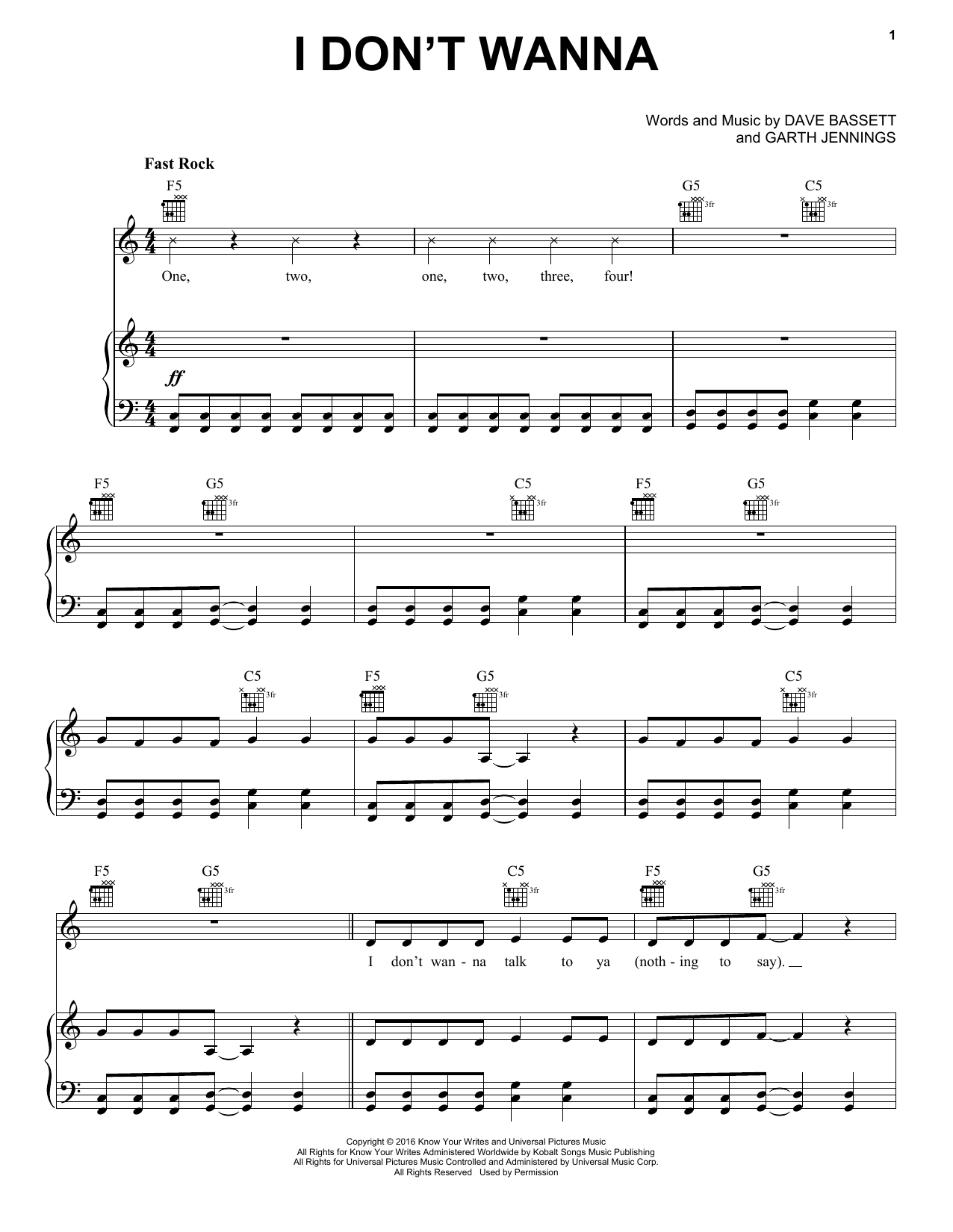 Garth Jennings I Don't Wanna sheet music notes and chords arranged for Piano, Vocal & Guitar Chords (Right-Hand Melody)