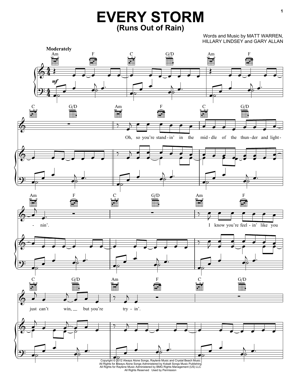 Gary Allan Every Storm (Runs Out Of Rain) sheet music notes and chords arranged for Easy Piano