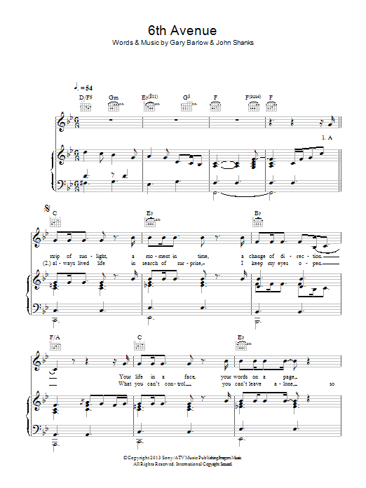 Gary Barlow 6th Avenue sheet music notes and chords arranged for Piano, Vocal & Guitar Chords