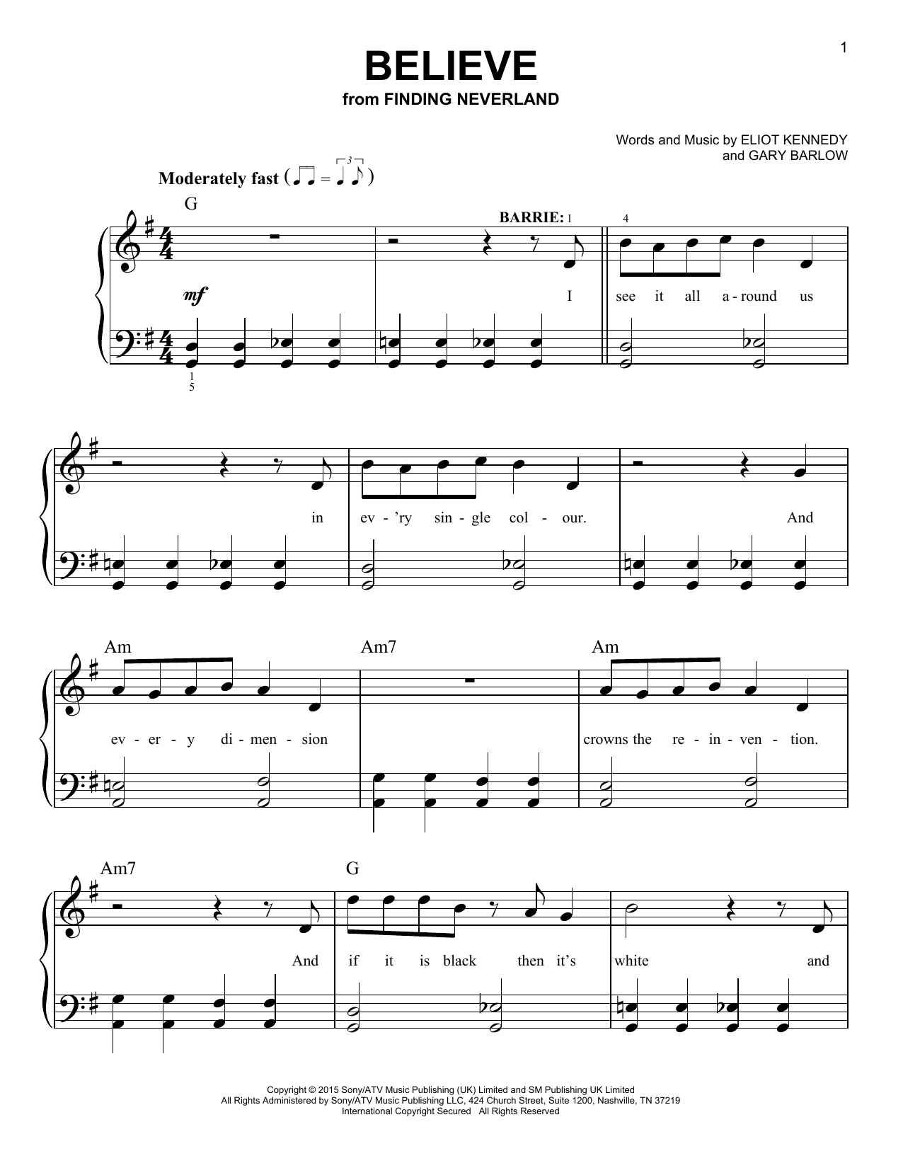 Gary Barlow & Eliot Kennedy Believe (from 'Finding Neverland') sheet music notes and chords arranged for Easy Piano