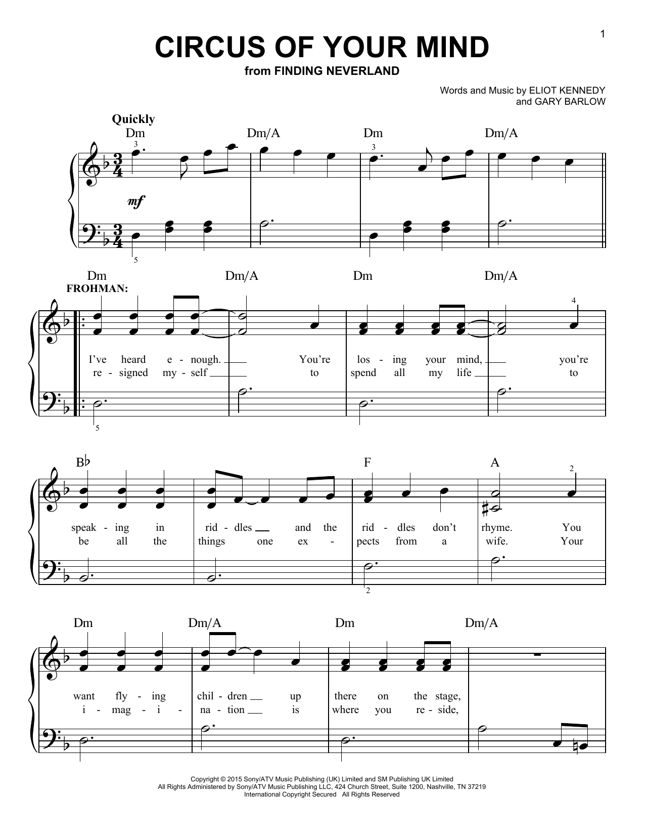 Gary Barlow & Eliot Kennedy Circus Of Your Mind (from 'Finding Neverland') sheet music notes and chords arranged for Easy Piano