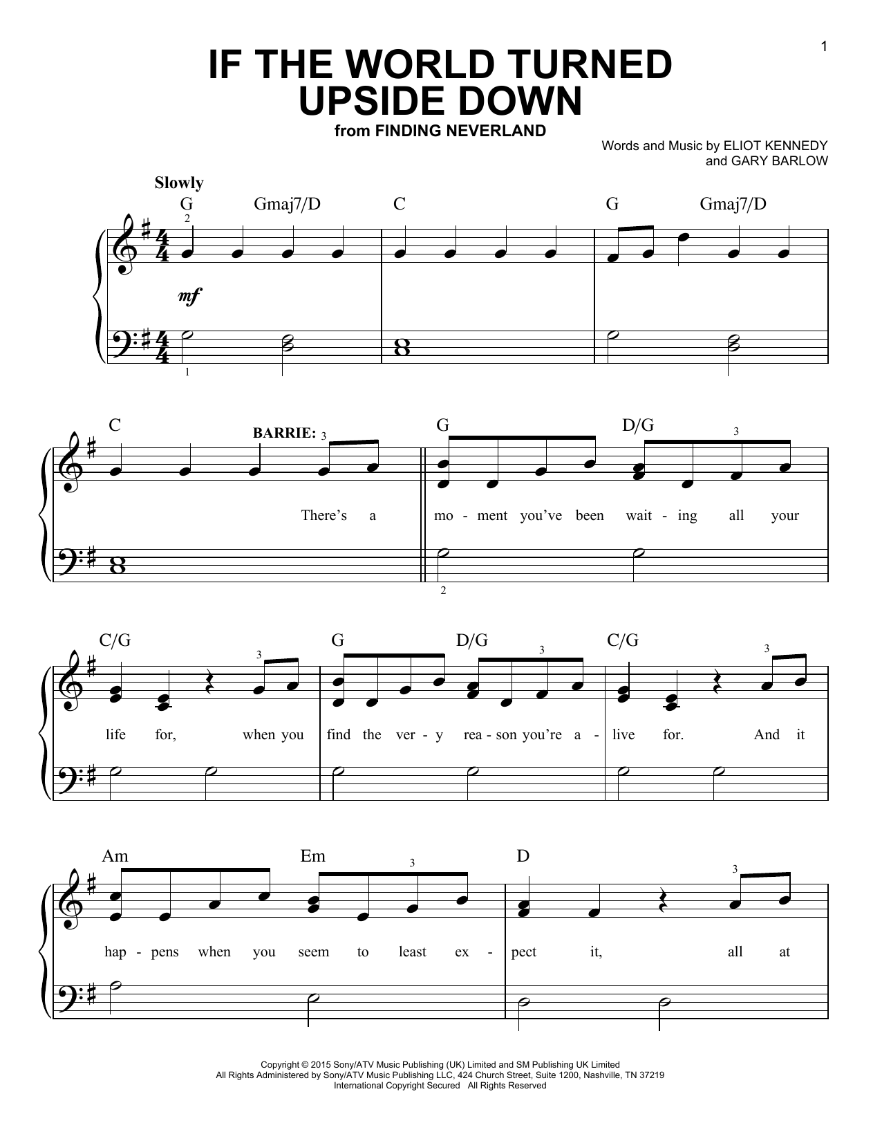 Gary Barlow & Eliot Kennedy If The World Turned Upside Down (from 'Finding Neverland') sheet music notes and chords arranged for Easy Piano