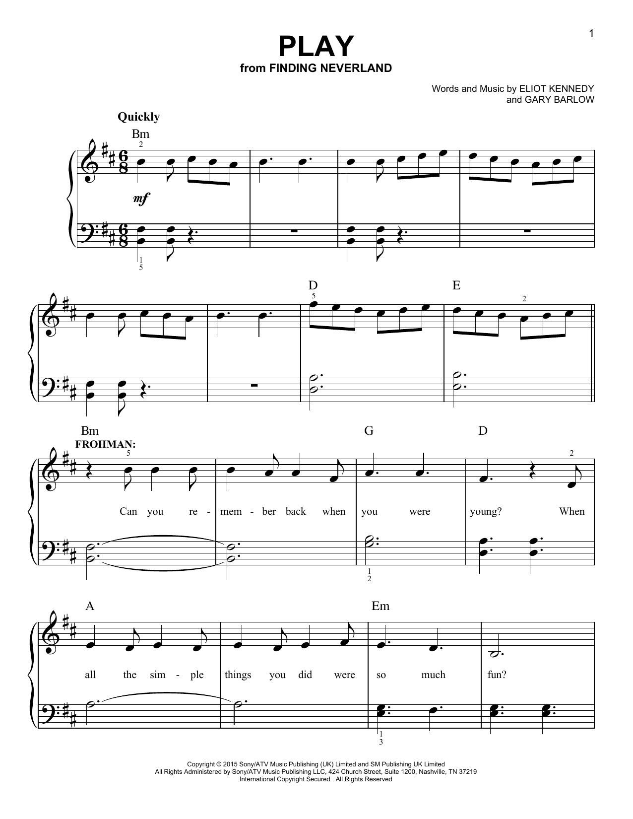 Gary Barlow & Eliot Kennedy Play (from 'Finding Neverland') sheet music notes and chords arranged for Easy Piano