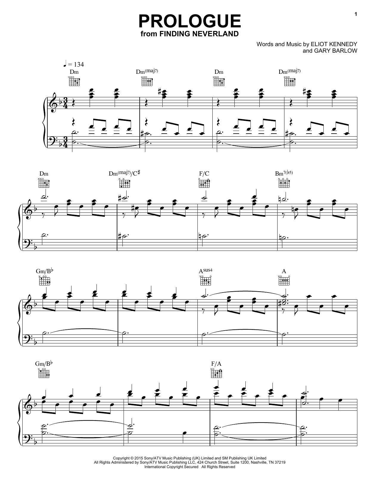 Gary Barlow & Eliot Kennedy Prologue sheet music notes and chords arranged for Piano Solo