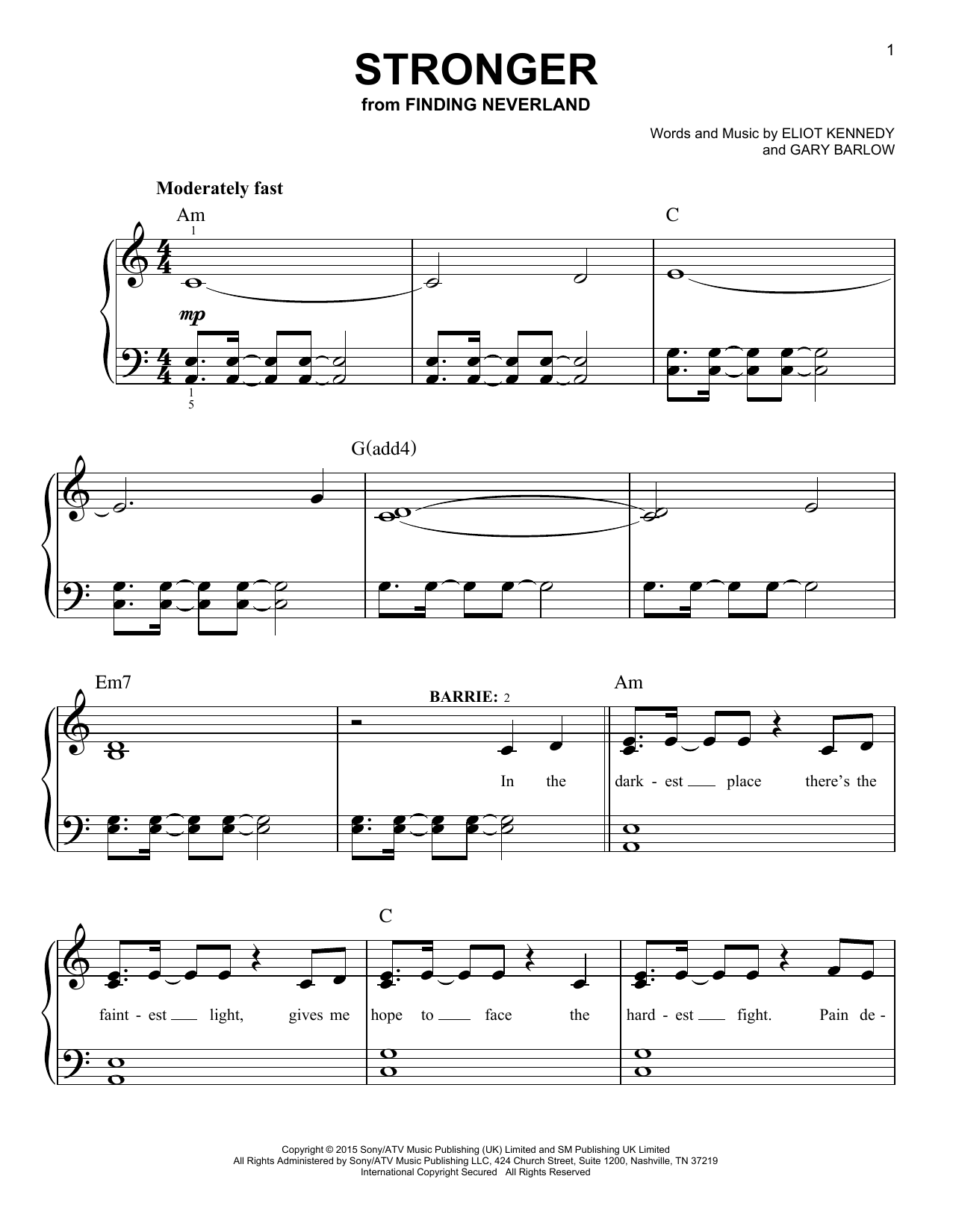 Gary Barlow & Eliot Kennedy Stronger (from 'Finding Neverland') sheet music notes and chords arranged for Easy Piano