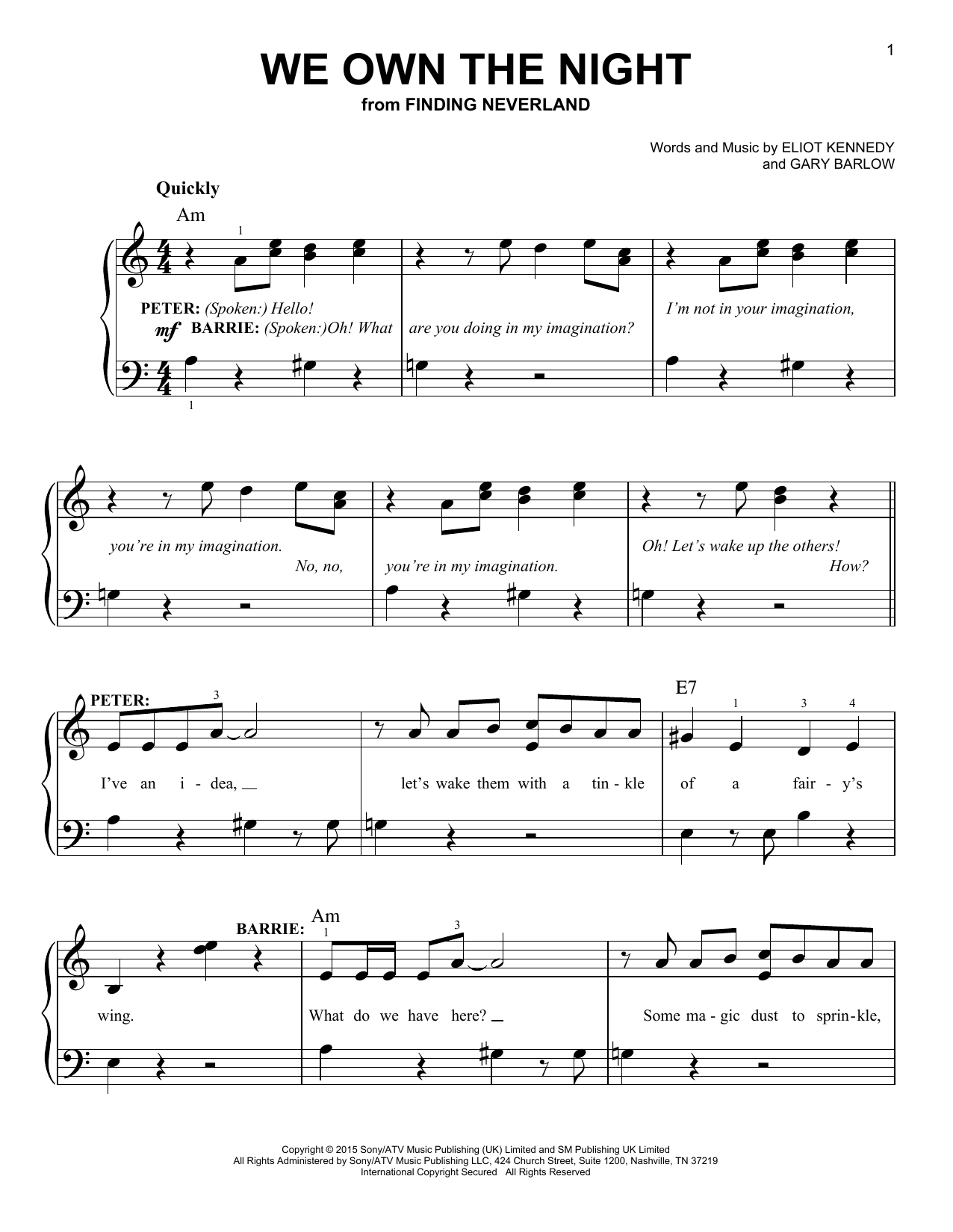 Gary Barlow & Eliot Kennedy We Own The Night (from 'Finding Neverland') sheet music notes and chords arranged for Easy Piano