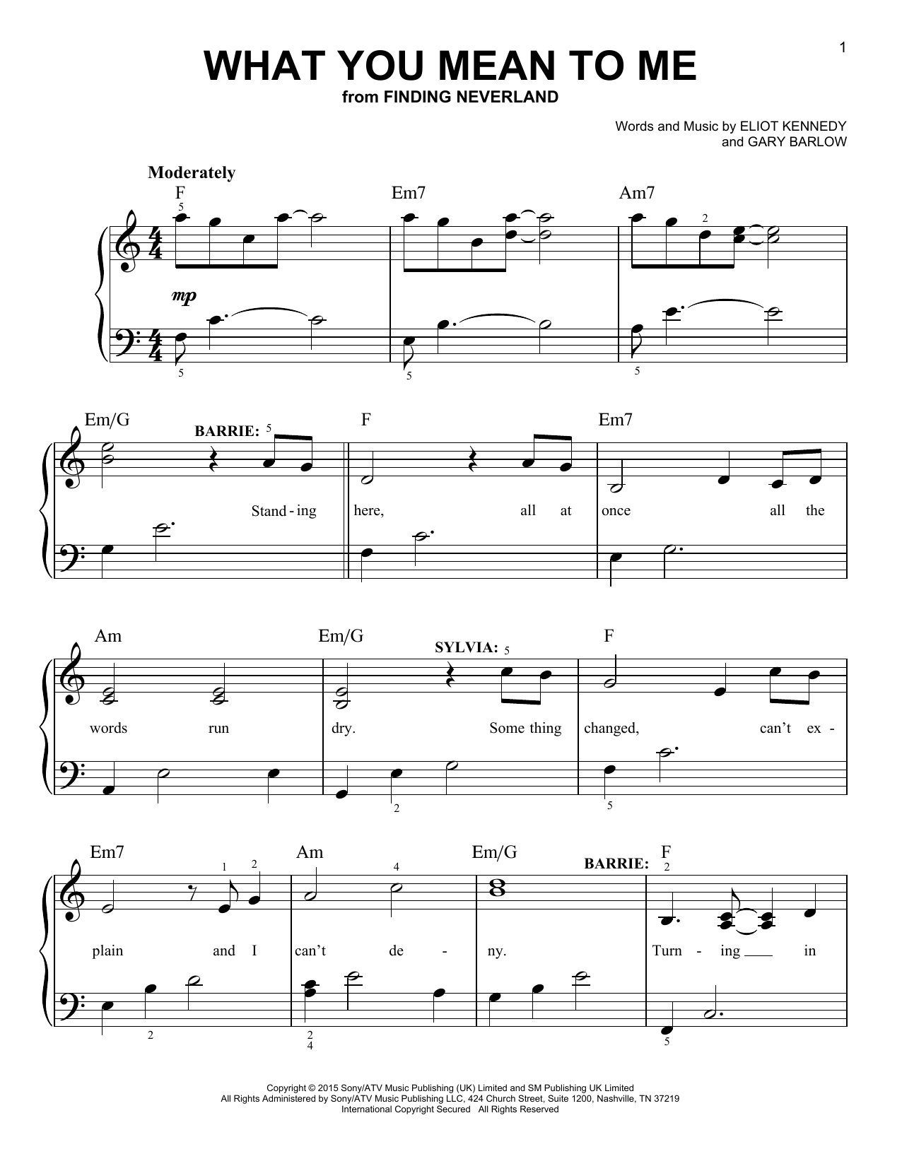Gary Barlow & Eliot Kennedy What You Mean To Me (from 'Finding Neverland') sheet music notes and chords arranged for Easy Piano