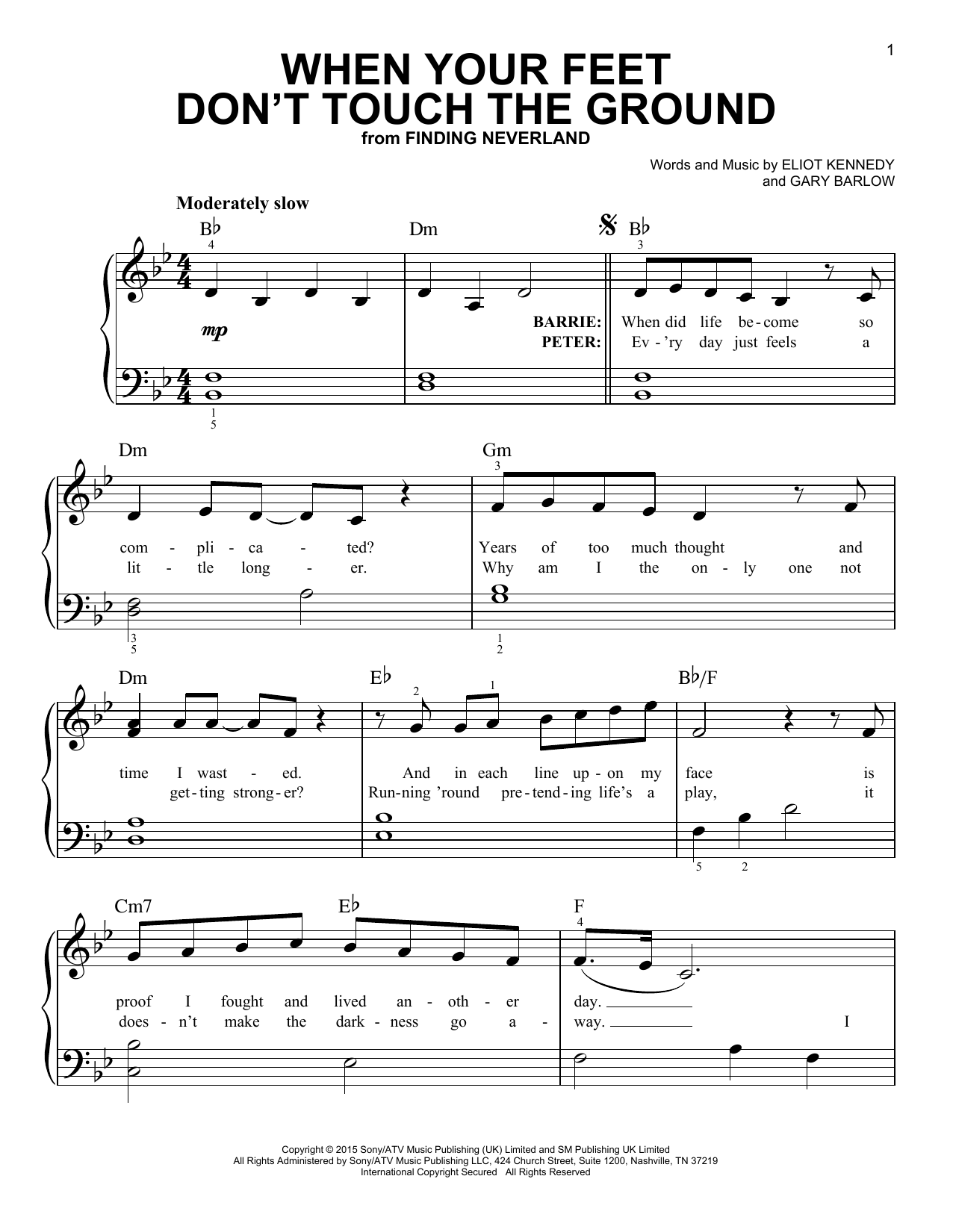 Gary Barlow & Eliot Kennedy When Your Feet Don't Touch The Ground (from 'Finding Neverland') sheet music notes and chords arranged for Easy Piano