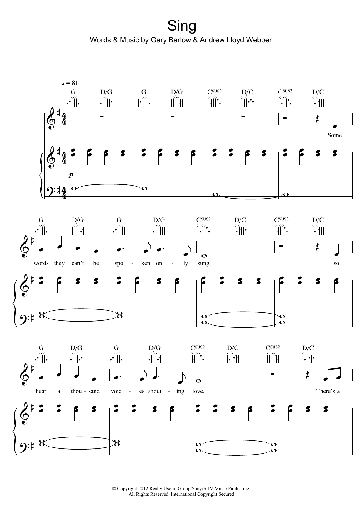 Gary Barlow & The Commonwealth Band Sing sheet music notes and chords arranged for Piano, Vocal & Guitar Chords