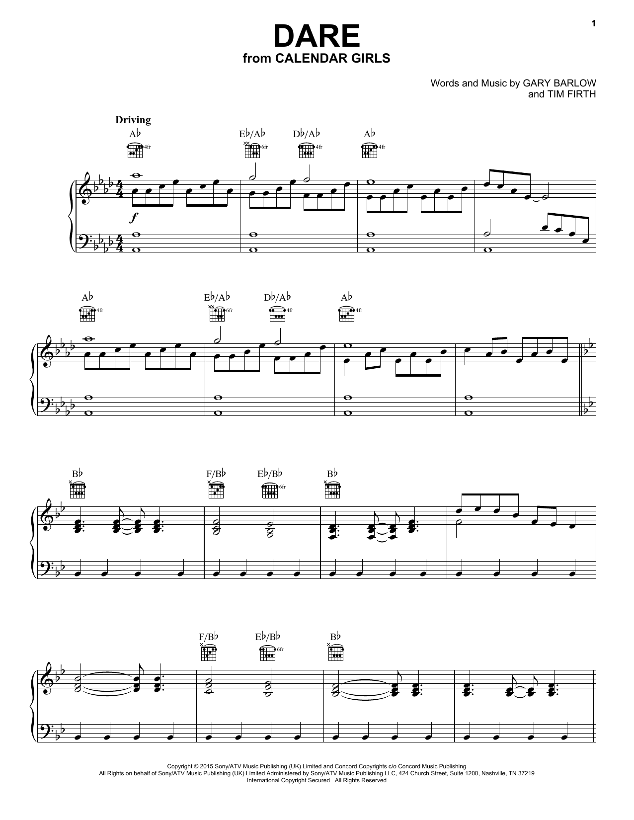 Gary Barlow and Tim Firth Dare (from Calendar Girls the Musical) sheet music notes and chords arranged for Piano, Vocal & Guitar Chords (Right-Hand Melody)