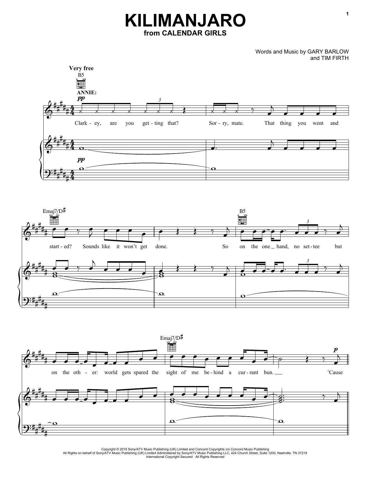 Gary Barlow and Tim Firth Kilimanjaro (from Calendar Girls the Musical) sheet music notes and chords arranged for Piano, Vocal & Guitar Chords (Right-Hand Melody)