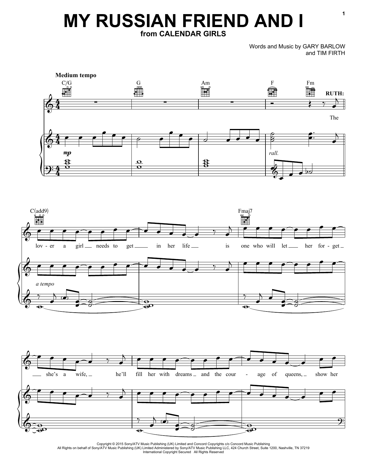 Gary Barlow and Tim Firth My Russian Friend And I (from Calendar Girls the Musical) sheet music notes and chords arranged for Piano, Vocal & Guitar Chords (Right-Hand Melody)
