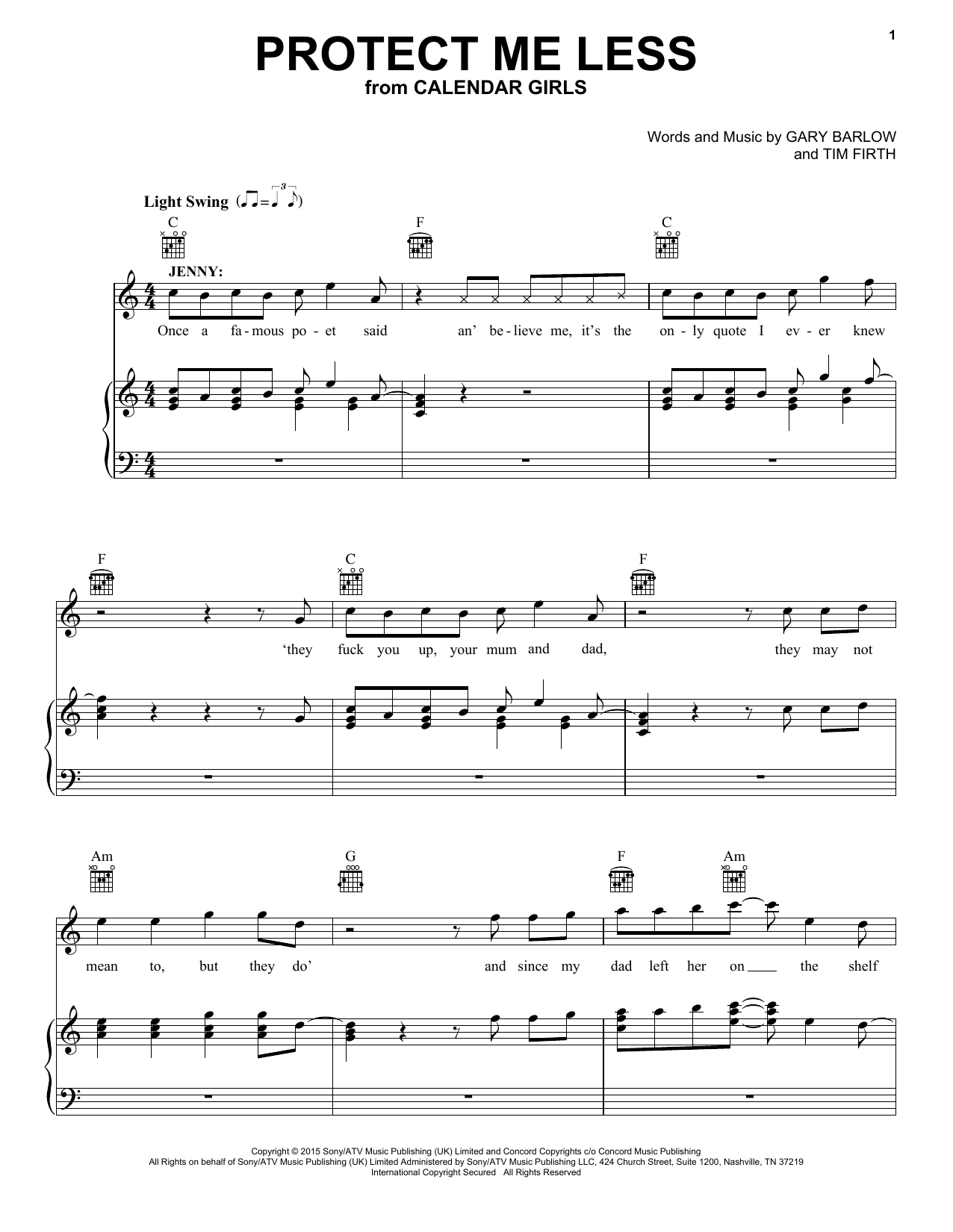 Gary Barlow and Tim Firth Protect Me Less (from Calendar Girls the Musical) sheet music notes and chords arranged for Piano, Vocal & Guitar Chords (Right-Hand Melody)