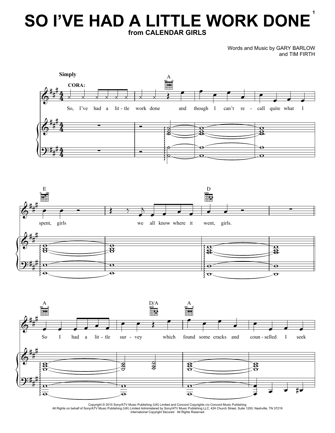 Gary Barlow and Tim Firth So I've Had A Little Work Done (from Calendar Girls the Musical) sheet music notes and chords arranged for Piano, Vocal & Guitar Chords (Right-Hand Melody)