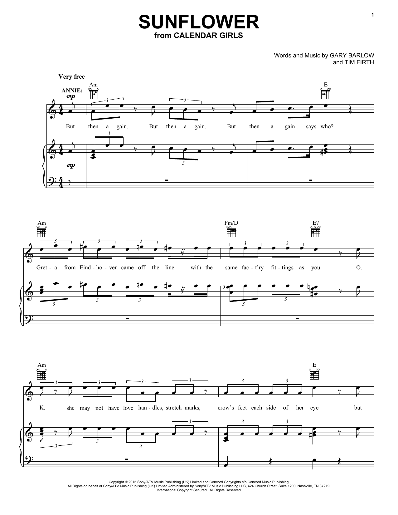 Gary Barlow and Tim Firth Sunflower (from Calendar Girls the Musical) sheet music notes and chords arranged for Piano, Vocal & Guitar Chords (Right-Hand Melody)