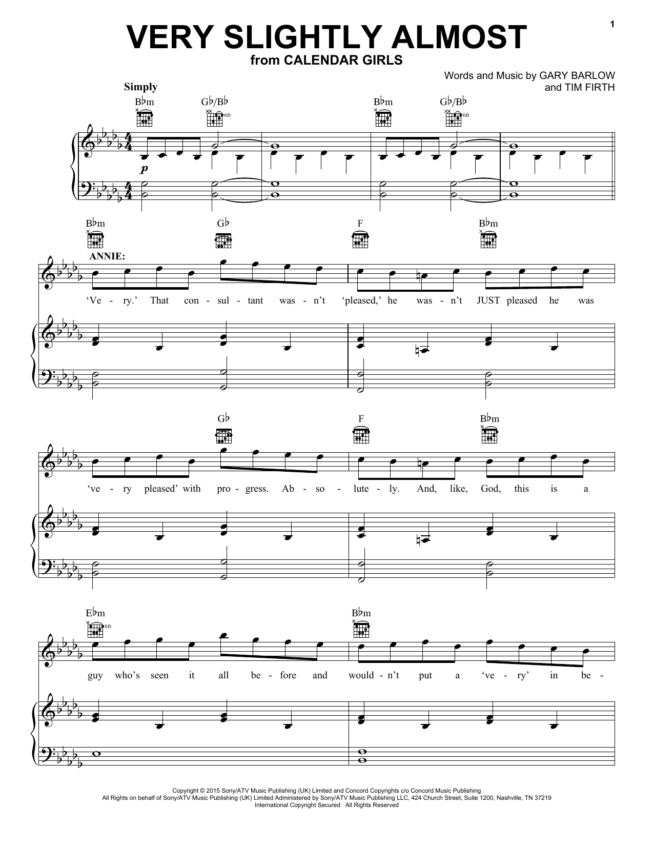 Gary Barlow and Tim Firth Very Slightly Almost (from Calendar Girls the Musical) sheet music notes and chords arranged for Piano, Vocal & Guitar Chords (Right-Hand Melody)