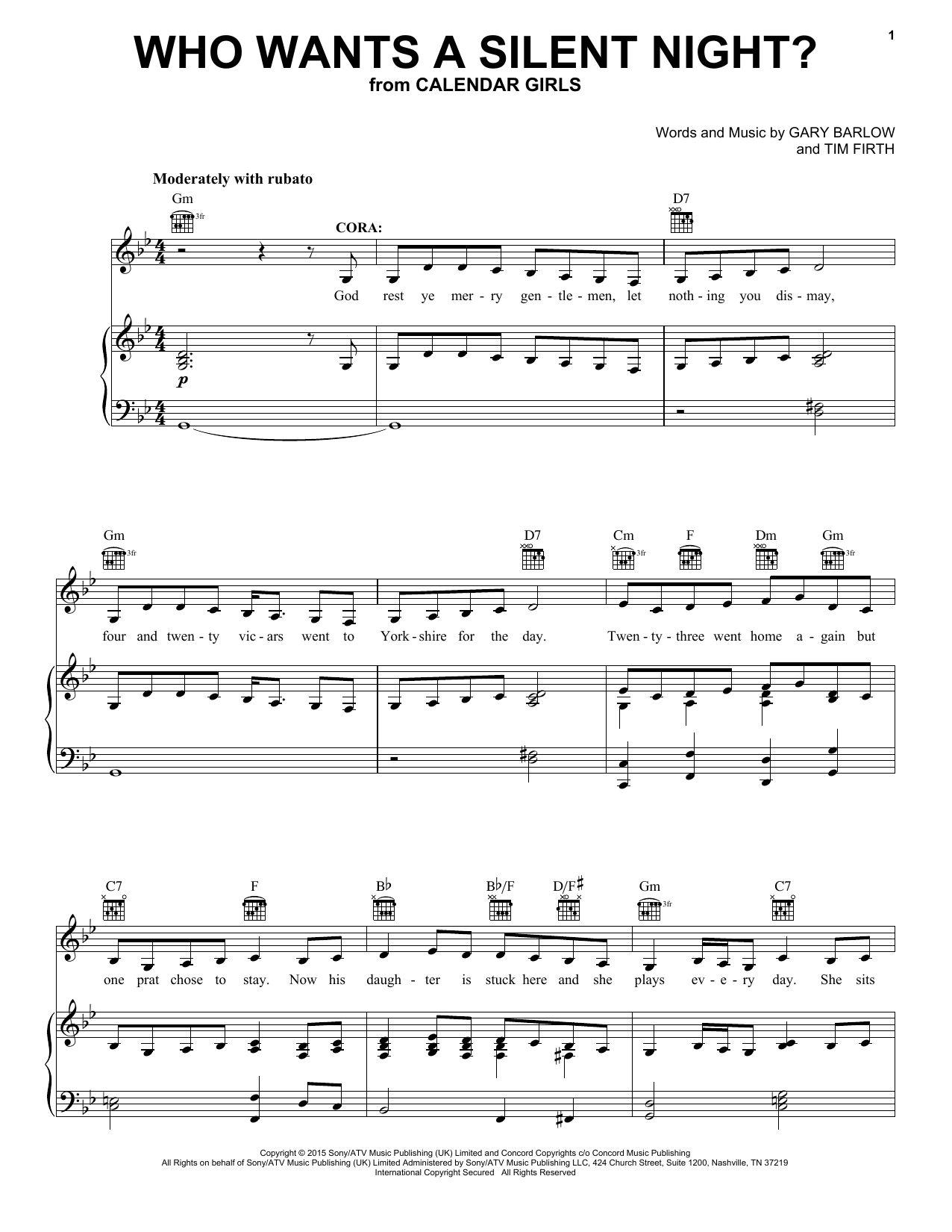 Gary Barlow and Tim Firth Who Wants A Silent Night? (from Calendar Girls the Musical) sheet music notes and chords arranged for Piano, Vocal & Guitar Chords (Right-Hand Melody)