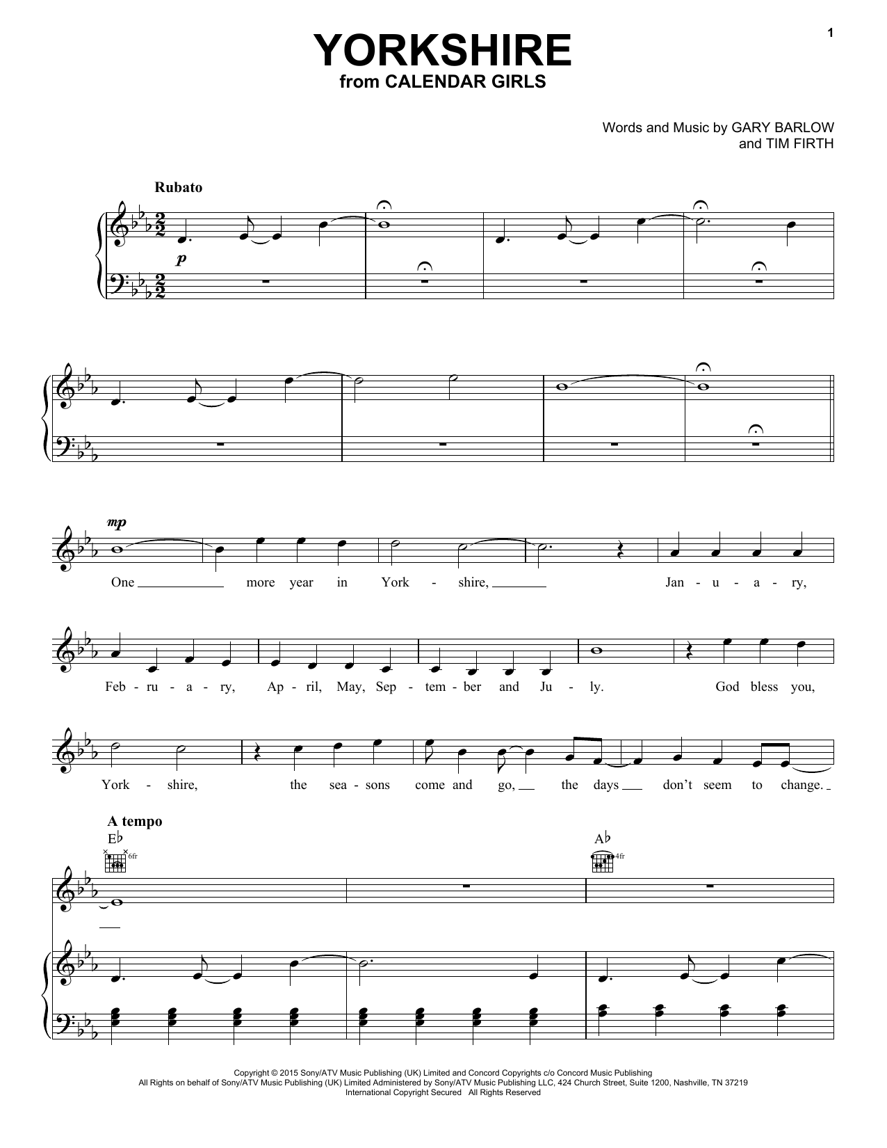 Gary Barlow and Tim Firth Yorkshire (from Calendar Girls the Musical) sheet music notes and chords arranged for Piano, Vocal & Guitar Chords (Right-Hand Melody)