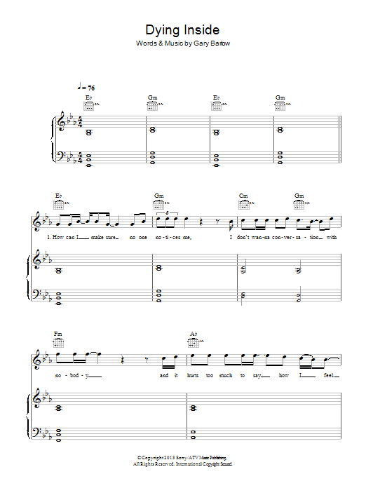 Gary Barlow Dying Inside sheet music notes and chords arranged for Piano, Vocal & Guitar Chords