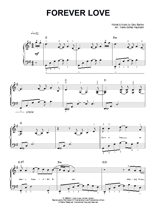 Gary Barlow Forever Love sheet music notes and chords arranged for Piano, Vocal & Guitar Chords (Right-Hand Melody)