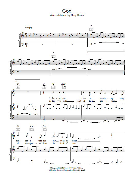 Gary Barlow God sheet music notes and chords arranged for Piano, Vocal & Guitar Chords