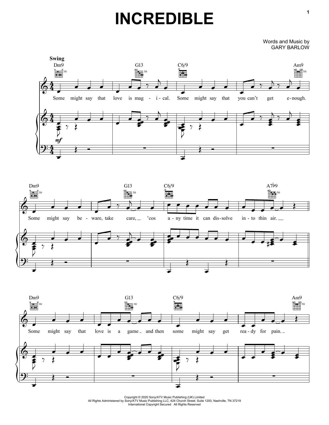 Gary Barlow Incredible sheet music notes and chords arranged for Piano, Vocal & Guitar Chords (Right-Hand Melody)