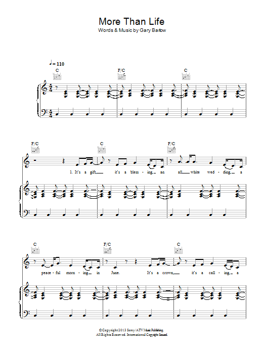 Gary Barlow More Than Life sheet music notes and chords arranged for Piano, Vocal & Guitar Chords