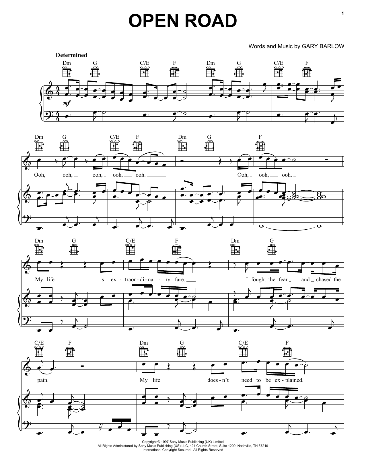 Gary Barlow Open Road sheet music notes and chords arranged for Piano, Vocal & Guitar Chords (Right-Hand Melody)