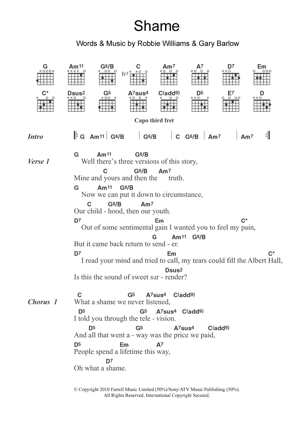 Gary Barlow Shame sheet music notes and chords arranged for Guitar Chords/Lyrics