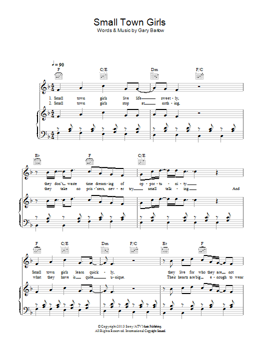Gary Barlow Small Town Girls sheet music notes and chords arranged for Piano, Vocal & Guitar Chords