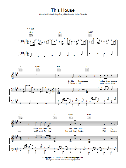 Gary Barlow This House sheet music notes and chords arranged for Piano, Vocal & Guitar Chords