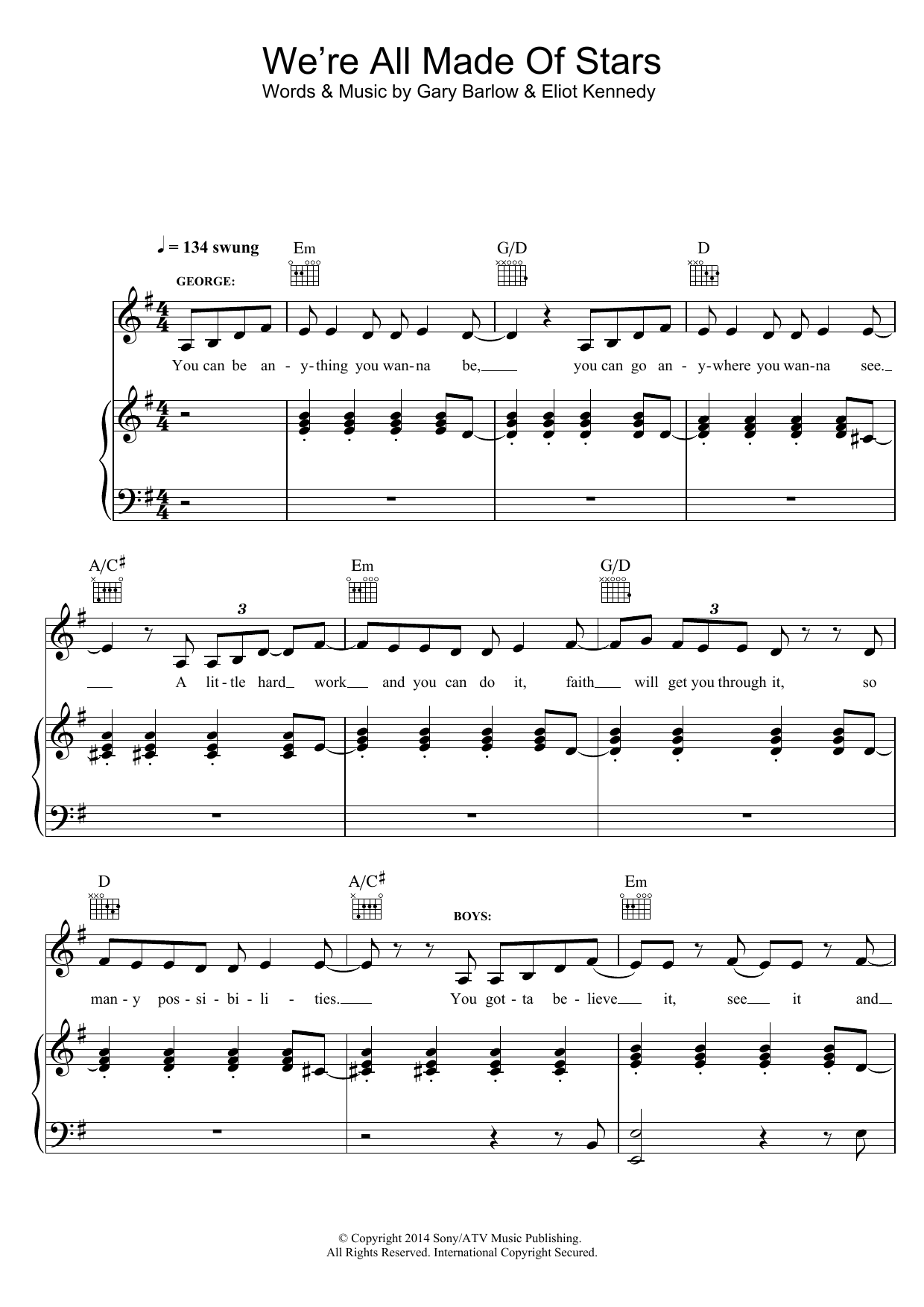 Gary Barlow We're All Made Of Stars (from 'Finding Neverland') sheet music notes and chords arranged for Piano, Vocal & Guitar Chords