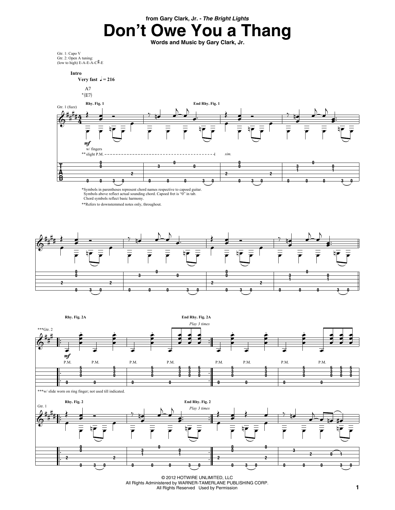 Gary Clark, Jr. Don't Owe You A Thang sheet music notes and chords arranged for Guitar Tab