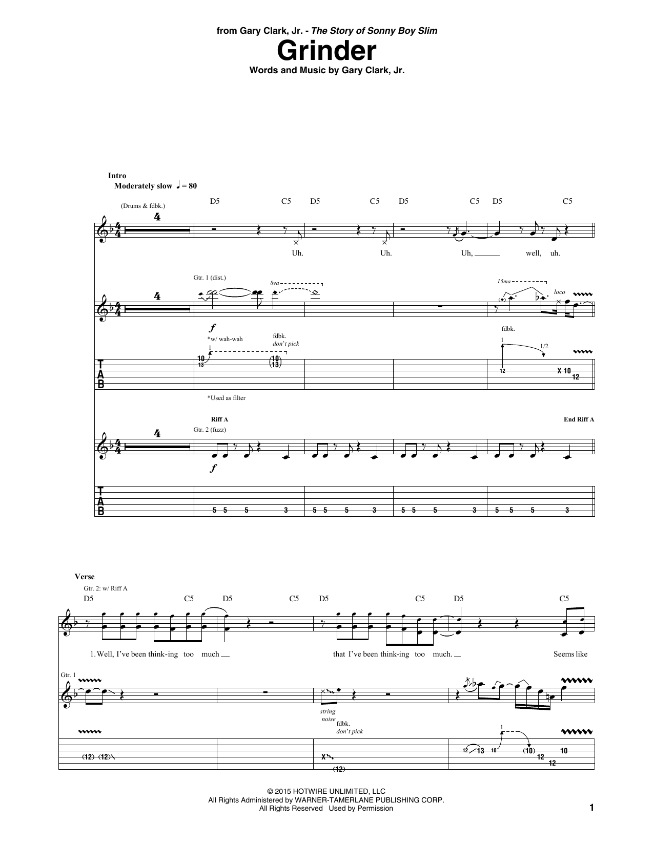 Gary Clark, Jr. Grinder sheet music notes and chords arranged for Guitar Tab
