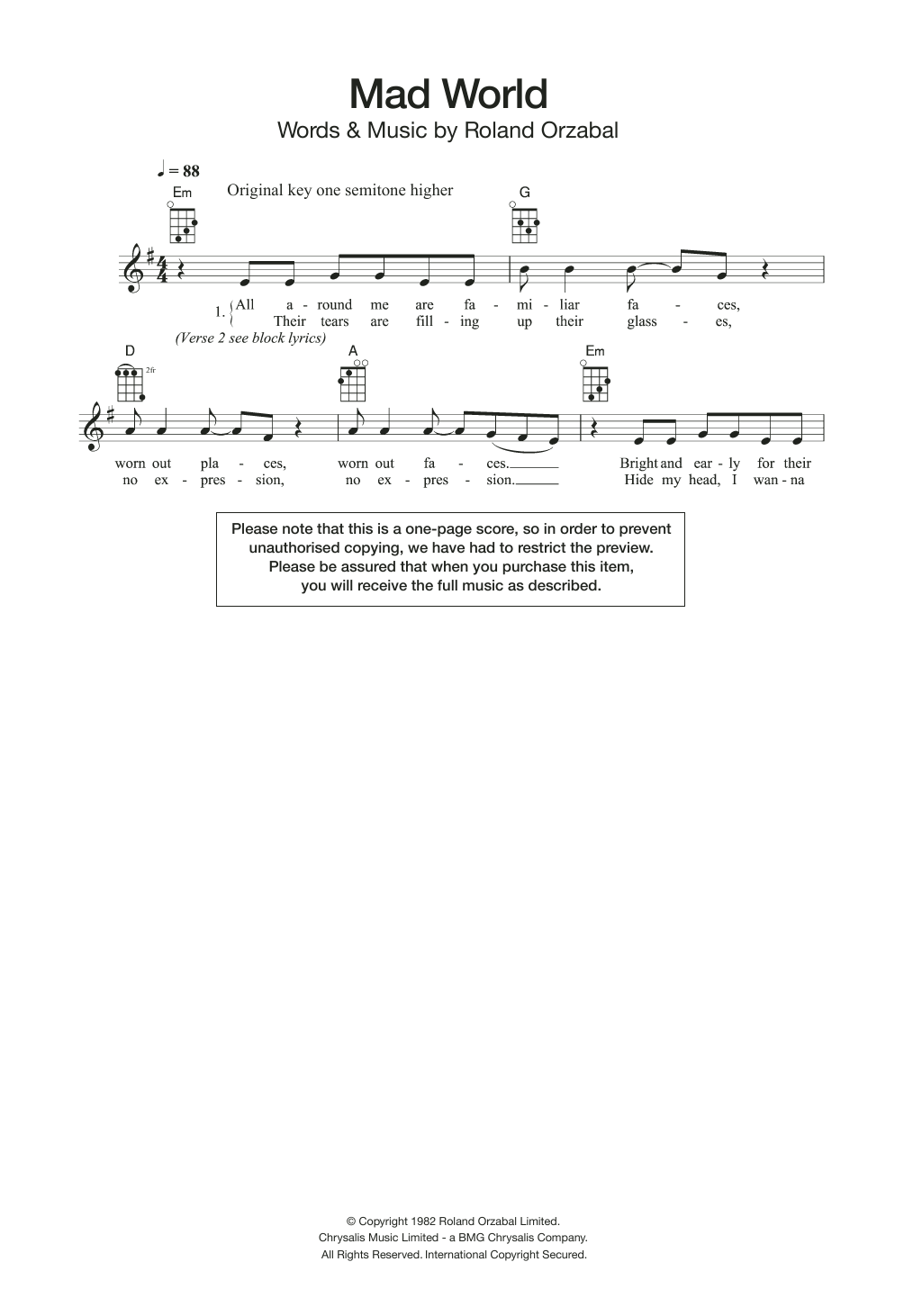 Gary Jules Mad World (feat. Michael Andrews) sheet music notes and chords arranged for Ukulele