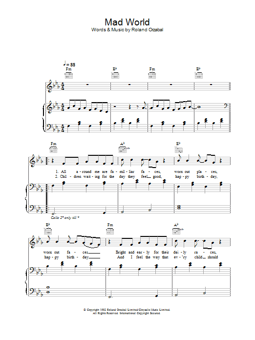Gary Jules Mad World sheet music notes and chords arranged for Easy Piano