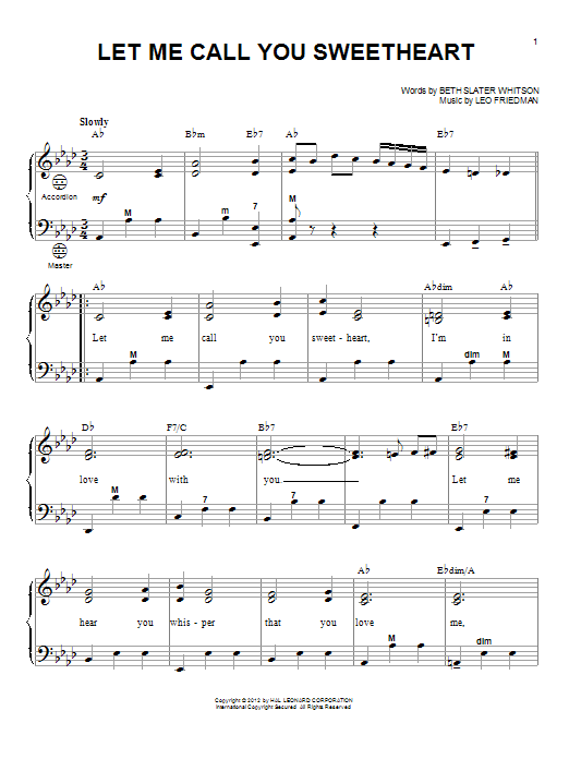 Gary Meisner Let Me Call You Sweetheart sheet music notes and chords arranged for Accordion