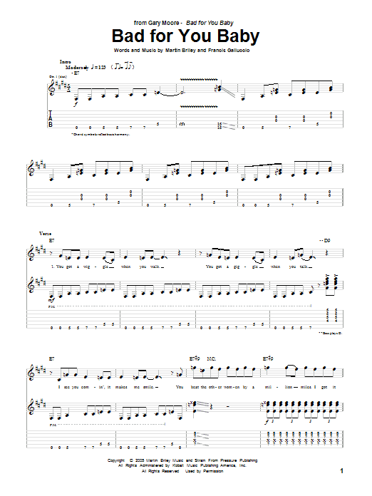 Gary Moore Bad For You Baby sheet music notes and chords arranged for Guitar Tab