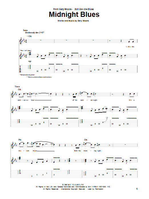 Gary Moore Midnight Blues sheet music notes and chords arranged for Guitar Tab (Single Guitar)