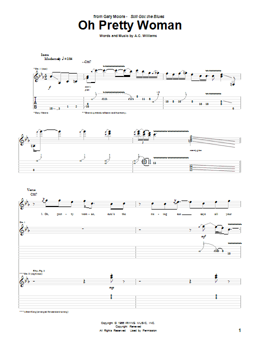 Gary Moore Oh Pretty Woman sheet music notes and chords arranged for Guitar Tab (Single Guitar)