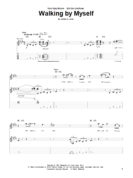Gary Moore Walking By Myself sheet music notes and chords arranged for Guitar Tab (Single Guitar)