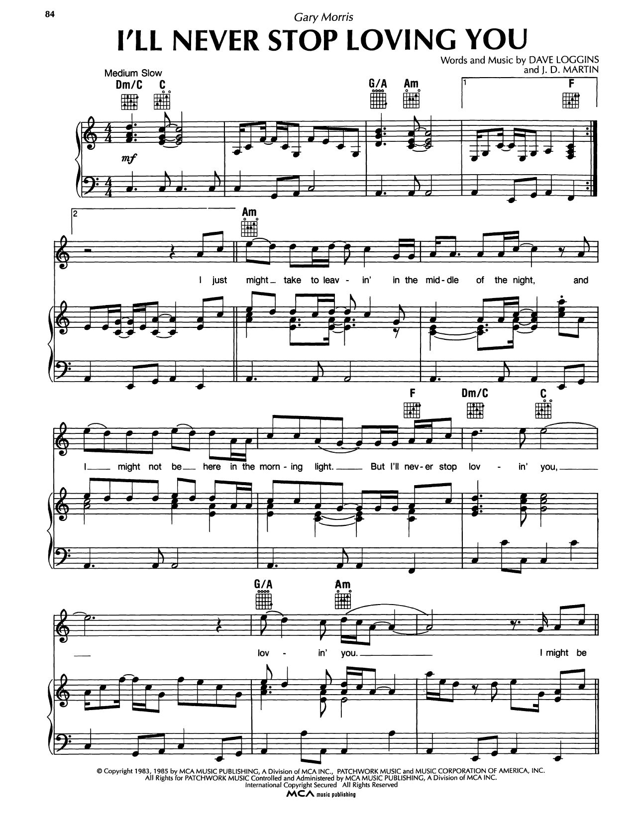Gary Morris I'll Never Stop Loving You sheet music notes and chords arranged for Piano, Vocal & Guitar Chords (Right-Hand Melody)