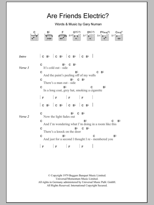 Gary Numan Are 'Friends' Electric? sheet music notes and chords arranged for Guitar Chords/Lyrics