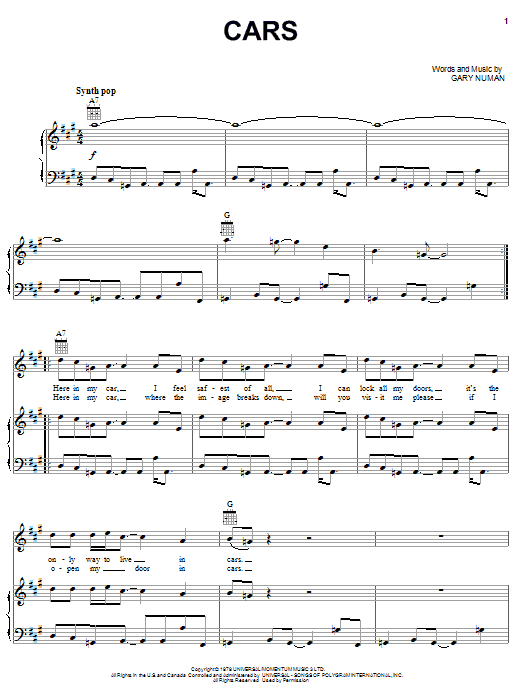 Gary Numan Cars sheet music notes and chords arranged for Piano, Vocal & Guitar Chords (Right-Hand Melody)