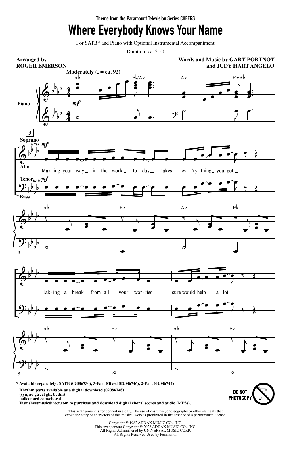 Gary Portnoy Where Everybody Knows Your Name (arr. Roger Emerson) sheet music notes and chords arranged for SATB Choir