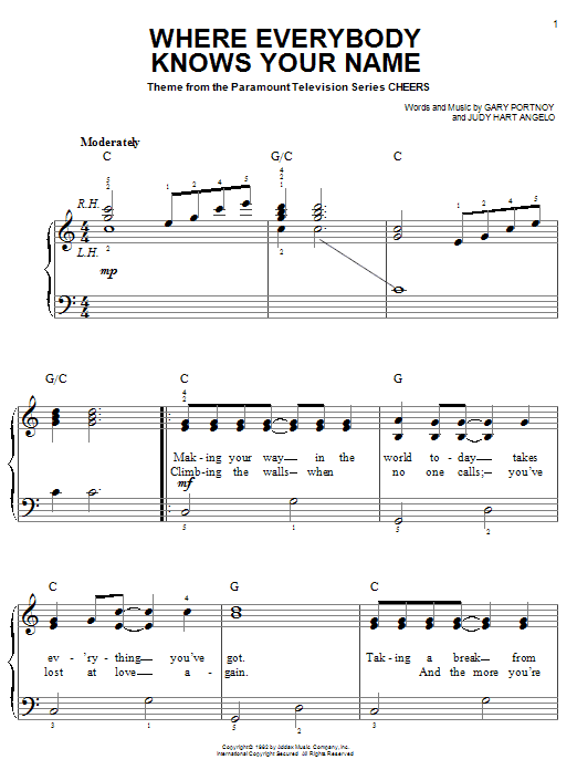 Gary Portnoy Where Everybody Knows Your Name (Theme from Cheers) sheet music notes and chords arranged for Very Easy Piano