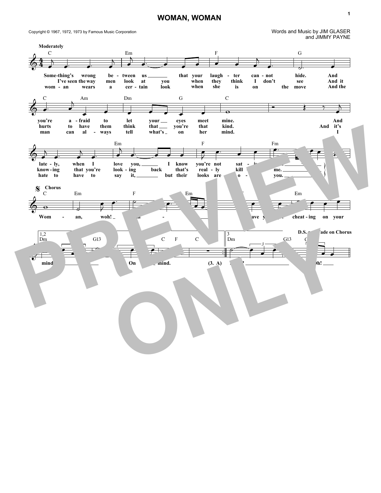 Gary Puckett & The Union Gap Woman, Woman sheet music notes and chords arranged for Piano, Vocal & Guitar Chords (Right-Hand Melody)